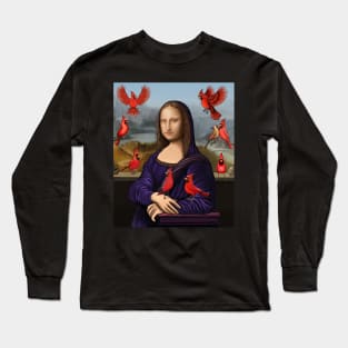 Red Cardinal bird and Mona lisa Long Sleeve T-Shirt